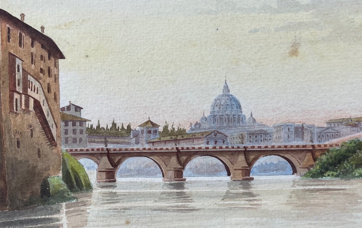 Roman Landscape Castel San't Angelo And River Tiber Watercolour Signed Conti, Italy Late 19th -photo-4